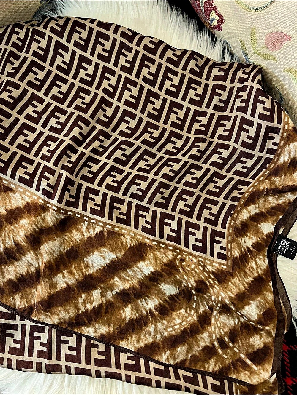 Vintage Fendi Animal Print Silk Scarf Geometric Silk Scarf in Brown & White